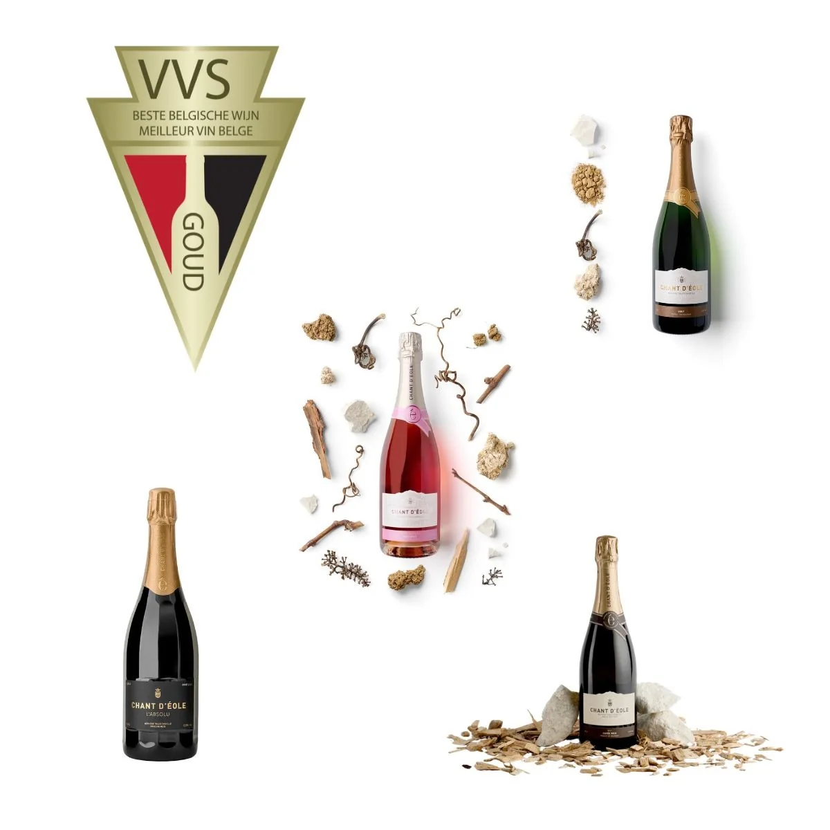 Visuel du Domaine du Chant d’Éole : macaron Meilleur Vin Belge – Beste Belgische Wijn Or et les cuvées du domaine, Blanc de Blancs, Rosé, Sous Bois et L’Absolu