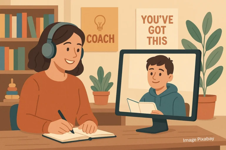 Illustration : une coach au casque prend des notes face a un ecran, affiches Coach et You've got this - cine-debat Gourou a Saint-Hubert