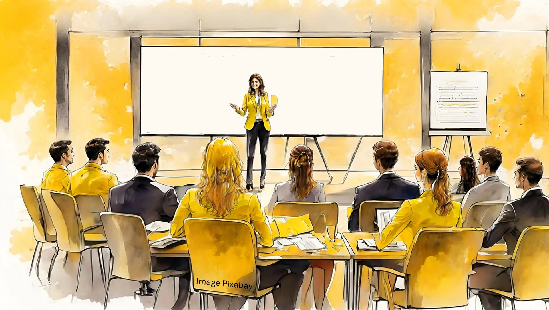 Illustration aquarelle : une conférencière devant un écran blanc face à un public assis