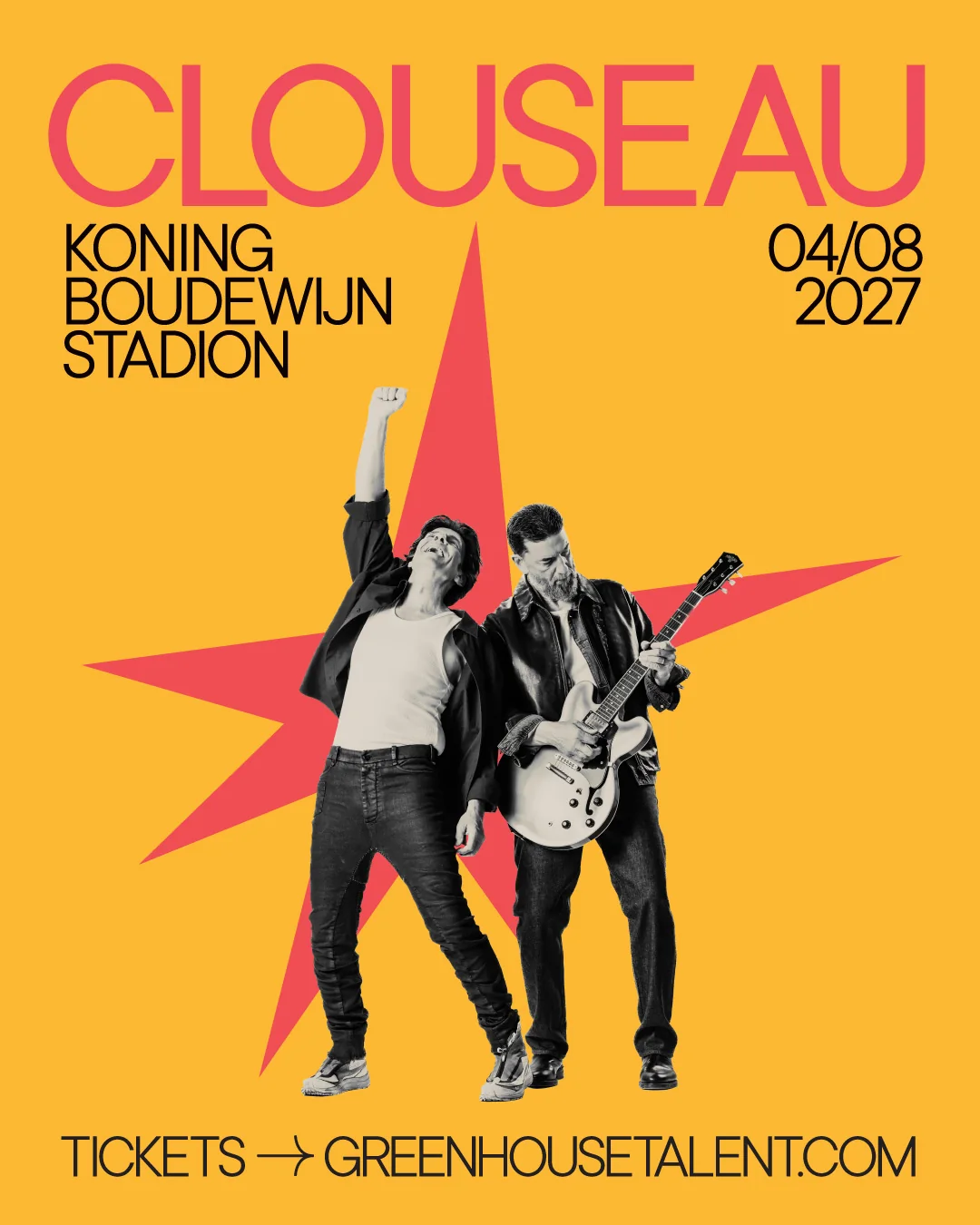 Visuel officiel de l’annonce du concert de Clouseau au stade Roi Baudouin le 4 août 2027
