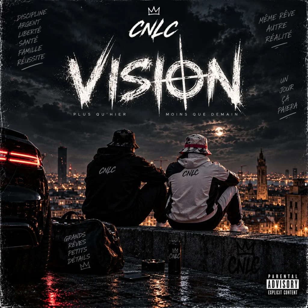 Pochette de VISION, projet rap de CNLC : deux silhouettes en bob assises face à une ville illuminée la nuit