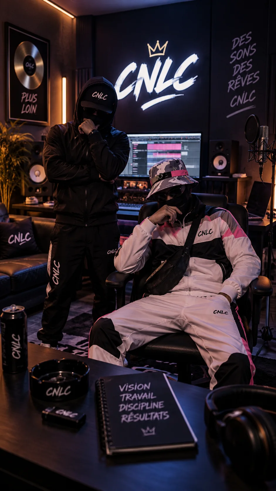 Visuel promotionnel de CNLC : deux personnages masqués en survêtement CNLC dans un studio d’enregistrement (création numérique)