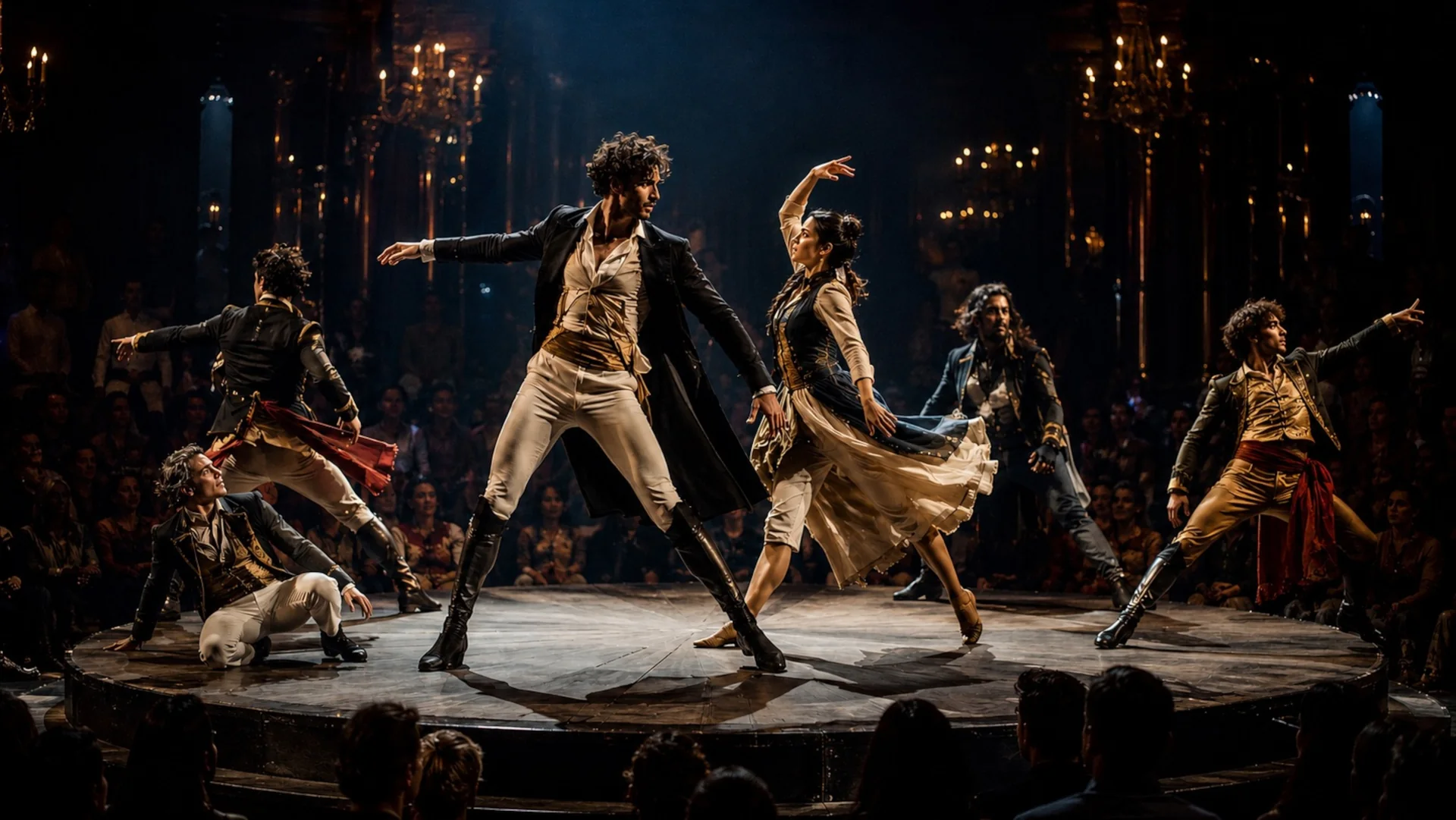 Danseurs en costumes d’époque sur une scène circulaire, visuel du spectacle La Légende du Comte de Monte-Cristal de Luc Petit