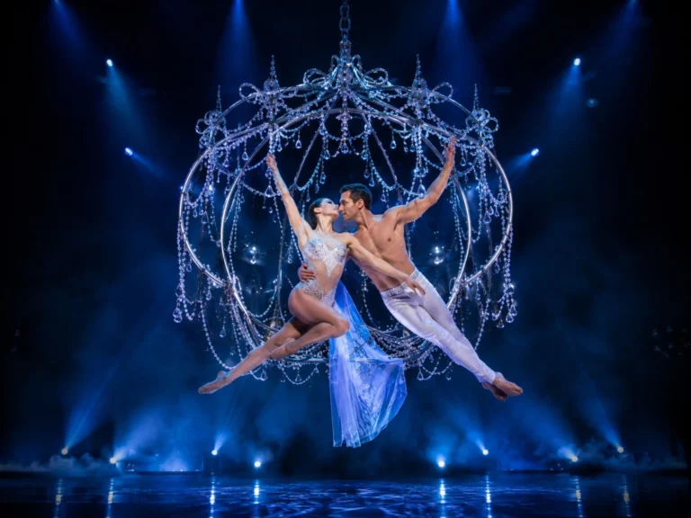 Duo aérien suspendu à un lustre de cristal dans un halo bleu, visuel du spectacle La Légende du Comte de Monte-Cristal