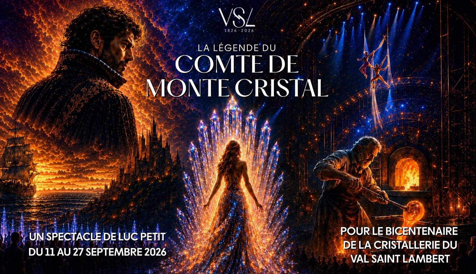 Visuel officiel : La Légende du Comte de Monte Cristal, un spectacle de Luc Petit du 11 au 27 septembre 2026 pour le bicentenaire de la cristallerie du Val Saint-Lambert