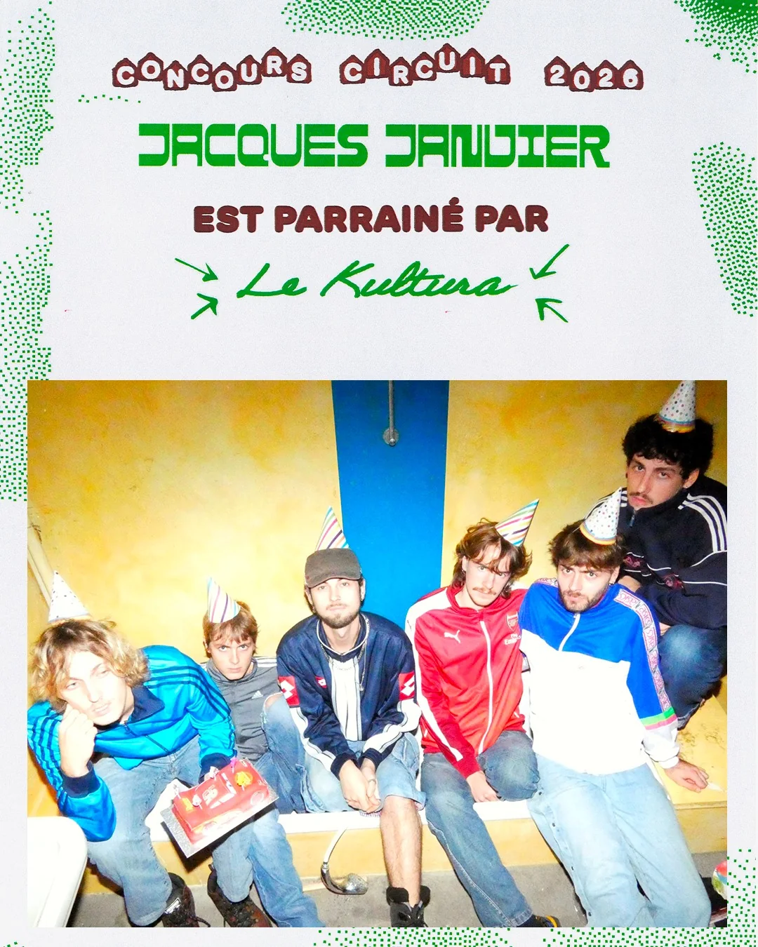 Carte du lauréat Jacques Janvier, parrainé par le KulturA. de Liège : six musiciens en chapeaux de fête