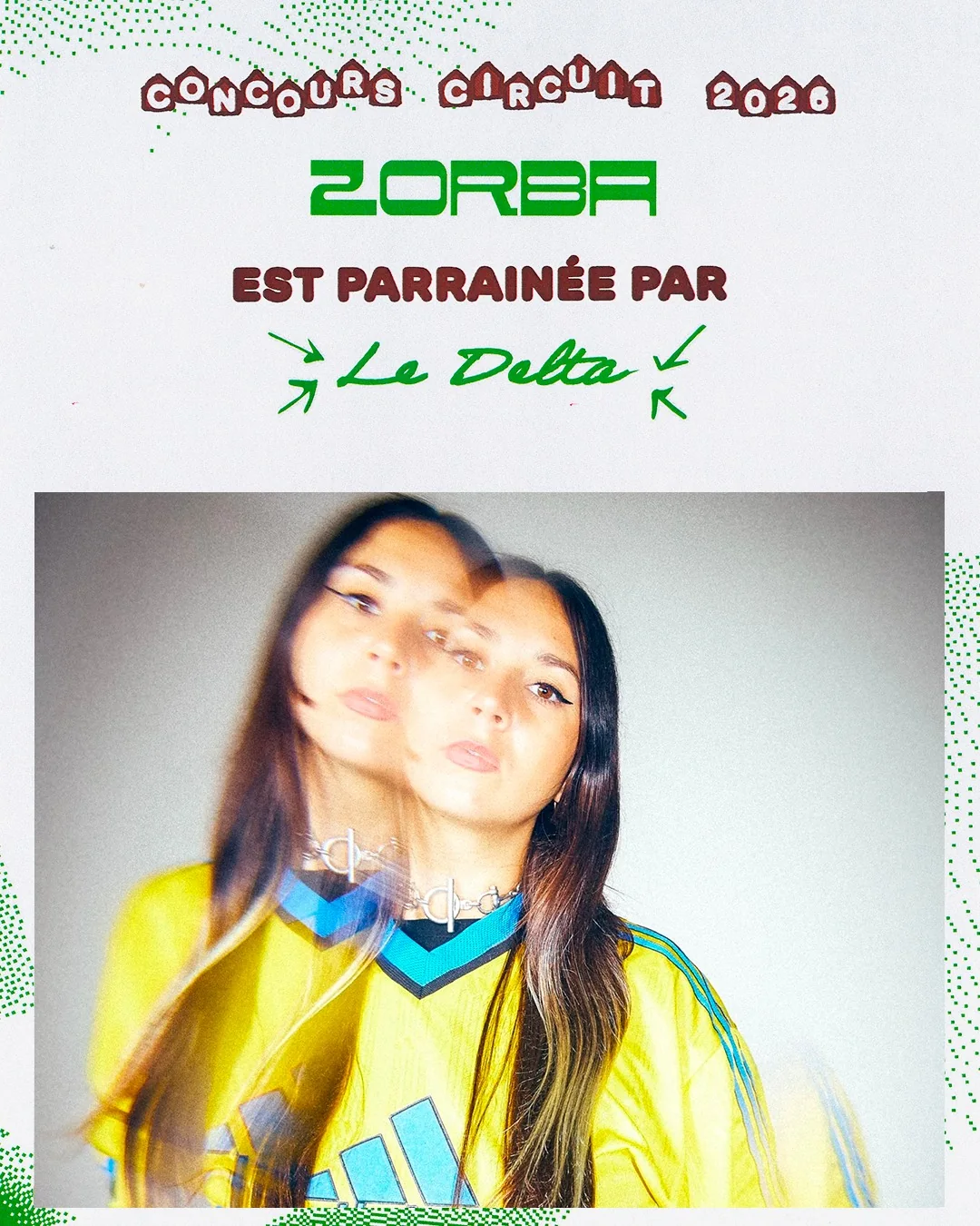 Carte de la lauréate Zorba, parrainée par Le Delta (Namur) : la rappeuse en maillot jaune