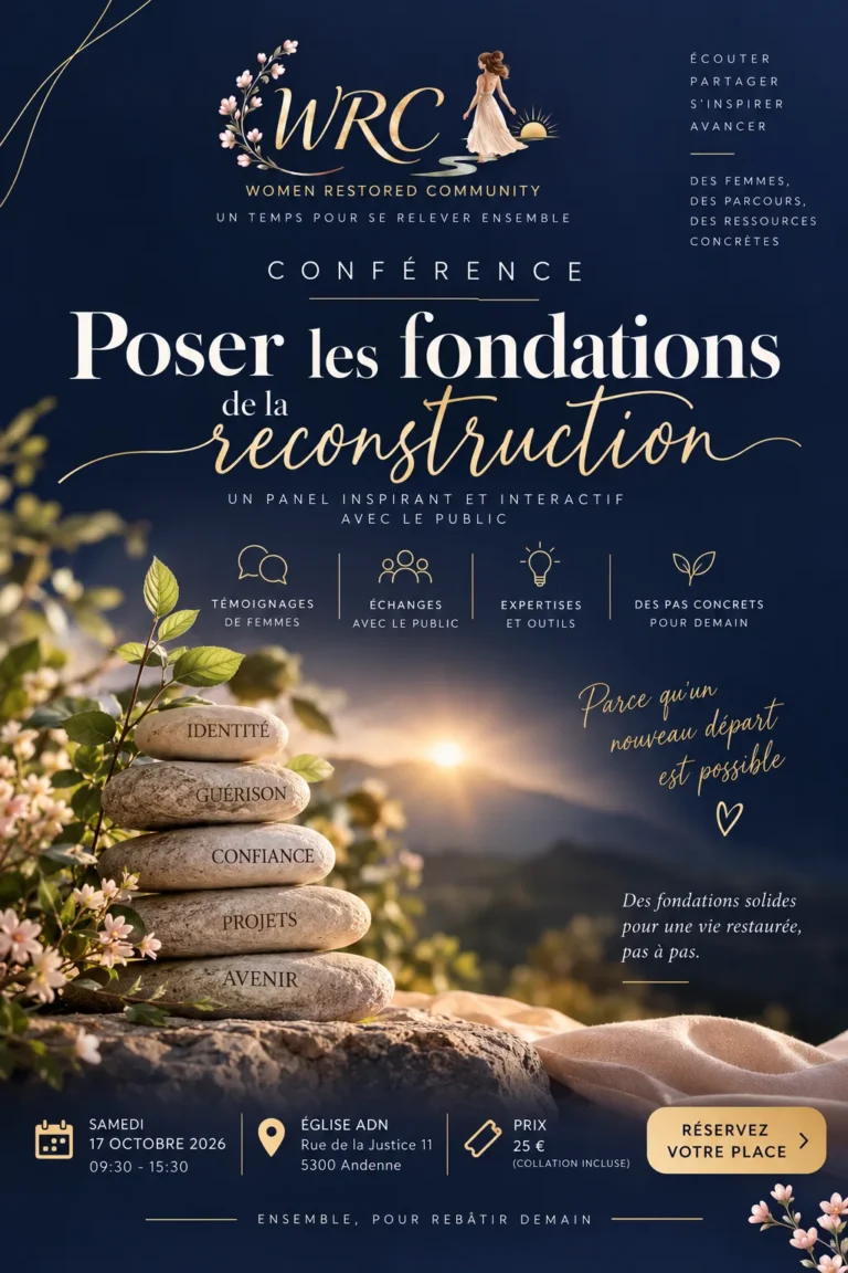 Affiche de la conférence « Poser les fondations de sa reconstruction » de Women Restored Community, le 17 octobre 2026 à l’Église ADN d’Andenne