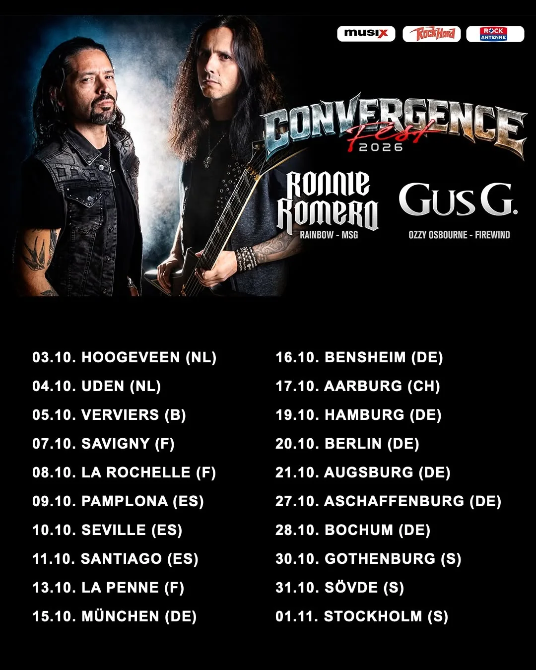 Dates de la tournée Convergence Fest 2026 de Ronnie Romero et Gus G, dont Verviers le 5 octobre
