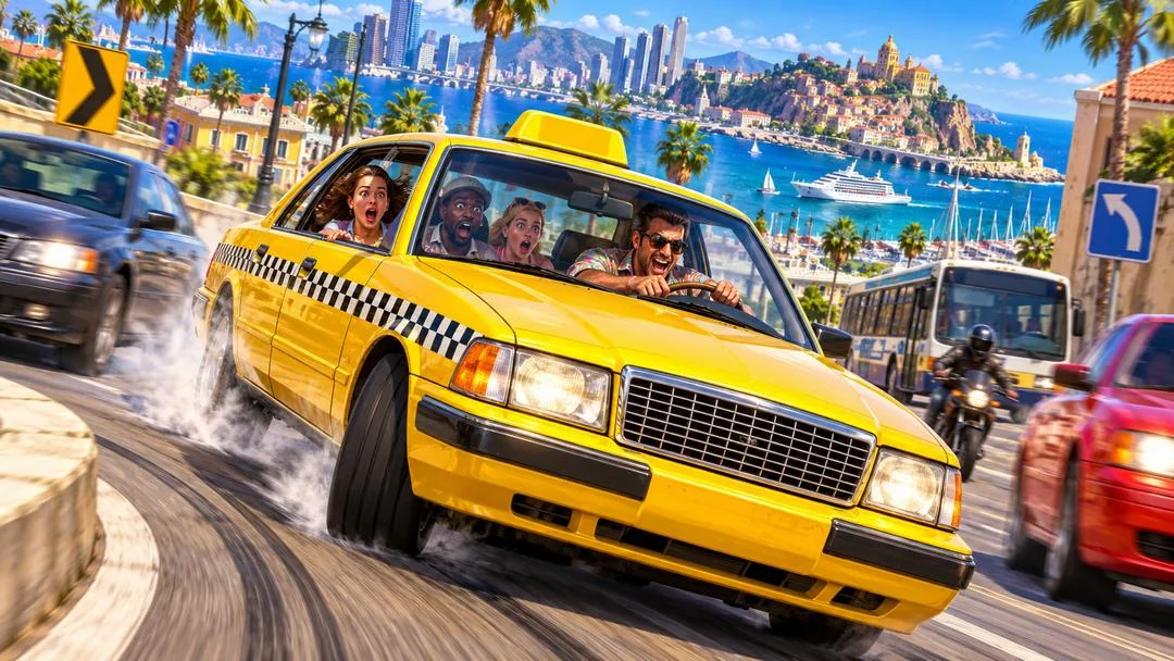 Un taxi jaune à damier dérape dans une ville côtière ensoleillée, passagers hilares aux fenêtres, palmiers et gratte-ciel en arrière-plan