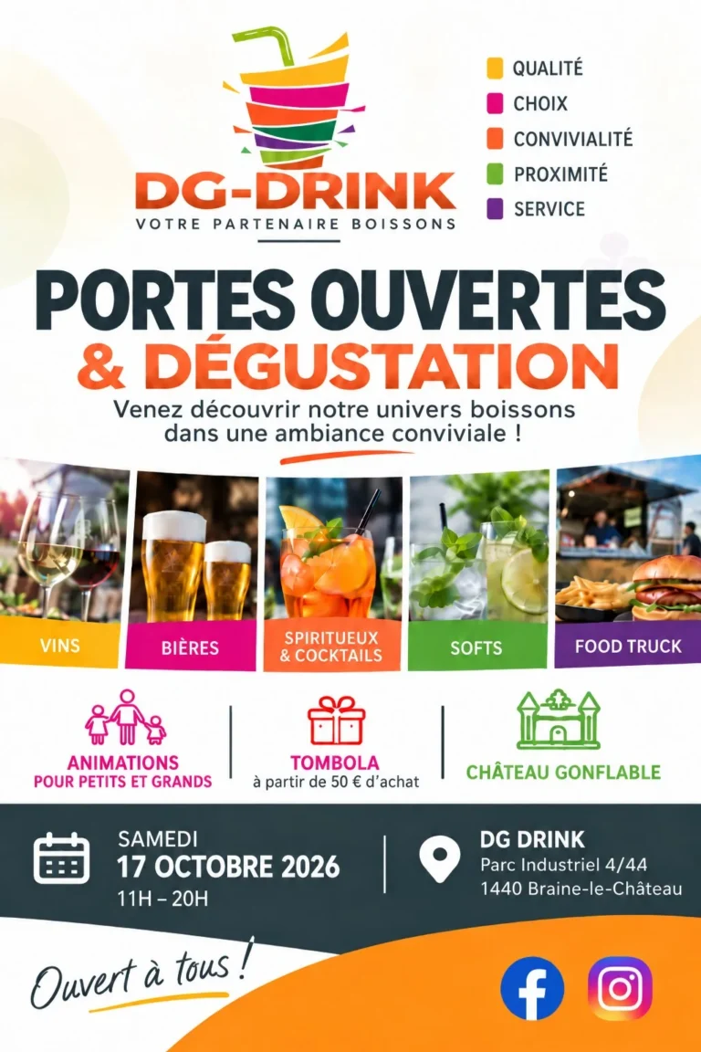 Wauthier-Braine > Portes ouvertes > Dégustation chez DG Drink, samedi 17 octobre 2026 (11h-20h, entrée libre)