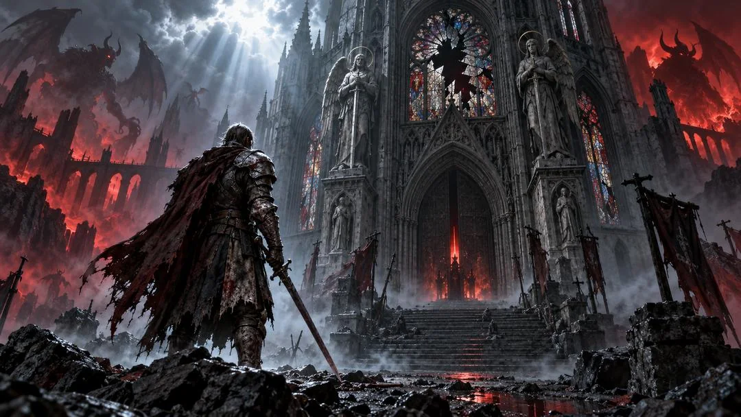 Un guerrier en armure, épée à la main, devant une cathédrale gothique aux vitraux rouges sous un ciel déchiré par un démon ailé