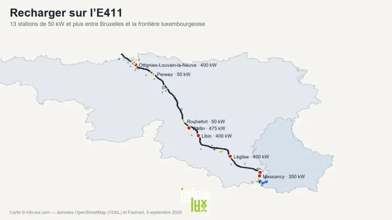 Carte des 13 stations de recharge rapide le long de l'autoroute E411 entre Bruxelles et la frontiere luxembourgeoise