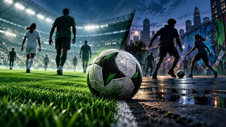 Un ballon de football sur une pelouse mouillée devant des silhouettes de joueurs et un stade illuminé