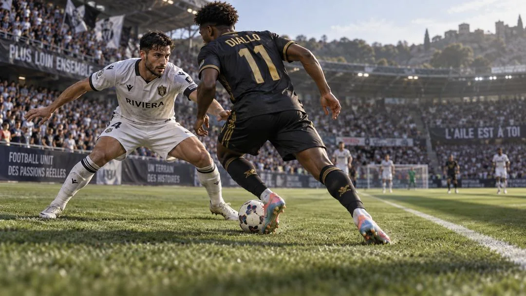 Deux joueurs de football en duel balle au pied, l’un en blanc, l’autre en noir