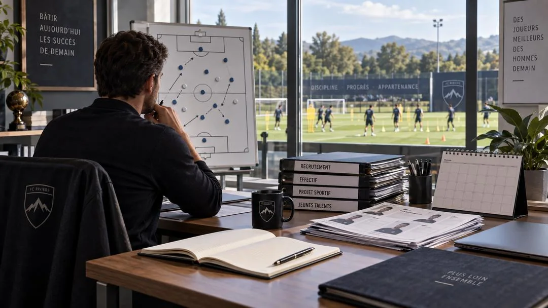 Un entraîneur devant un tableau tactique et des dossiers, le terrain d’entraînement derrière la vitre