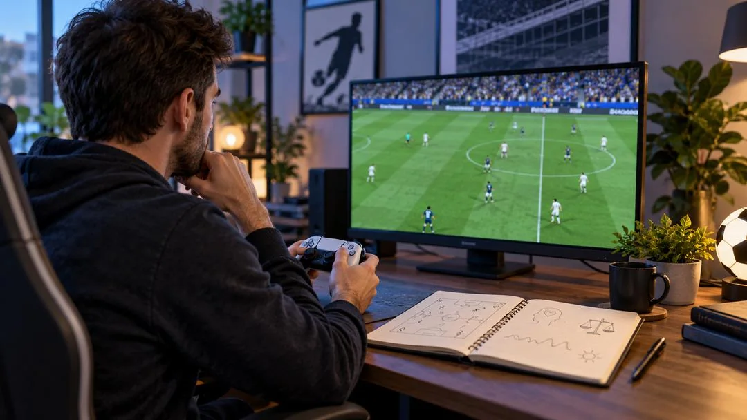 Un joueur manette en main devant un écran affichant un match de football