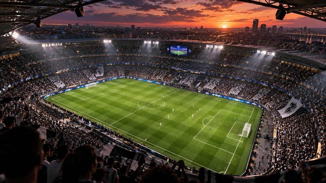 Un stade de football comble au coucher du soleil, vu depuis les tribunes