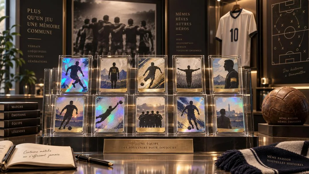 Une vitrine de cartes de joueurs, un maillot numéro 10 et des trophées