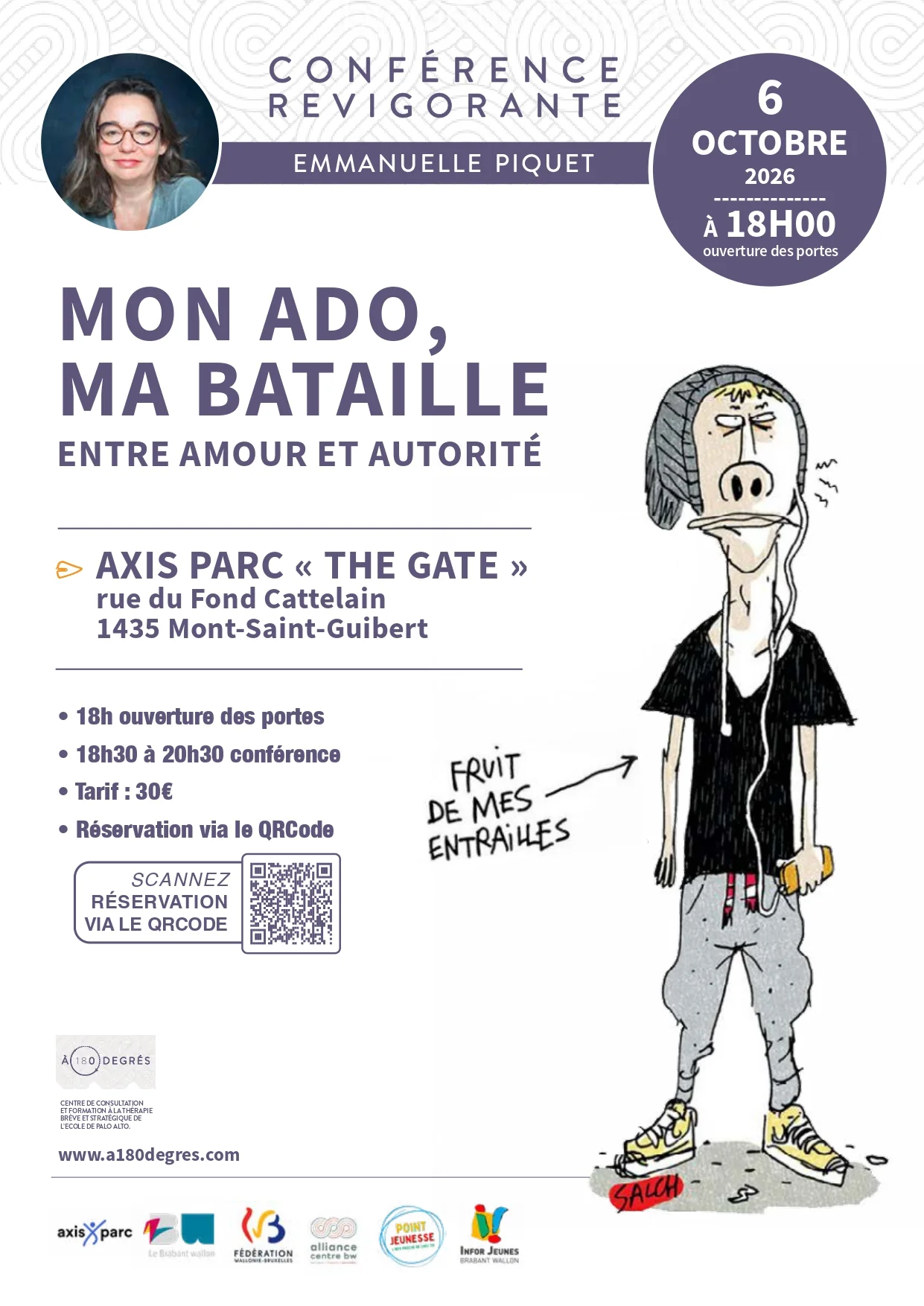 Affiche de la conférence « Mon ado, ma bataille » d’Emmanuelle Piquet, le 6 octobre 2026 à Mont-Saint-Guibert