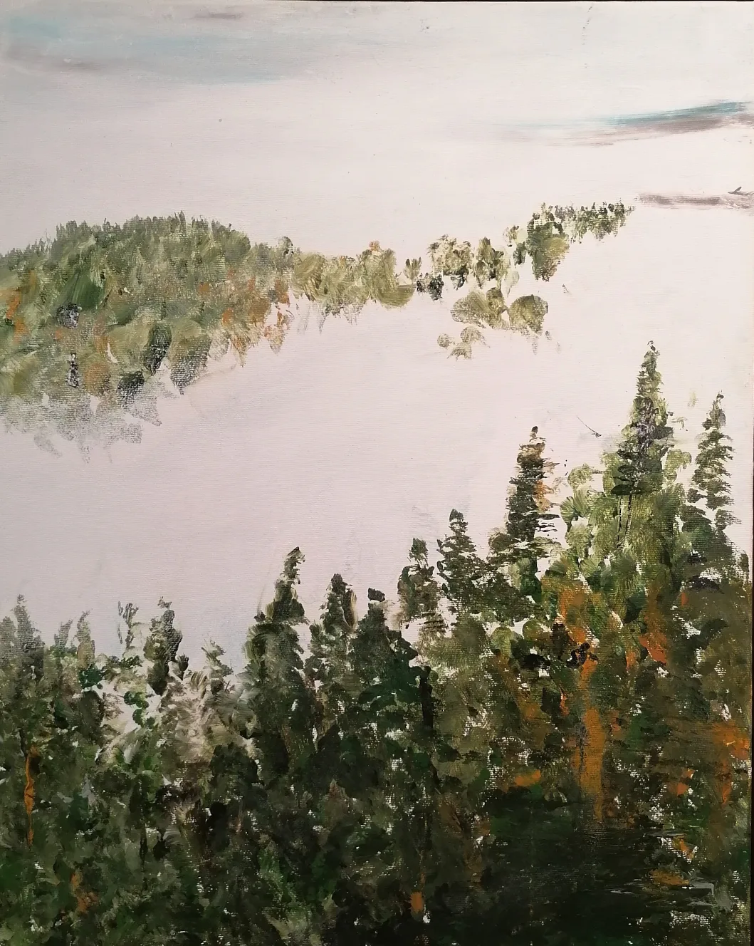 Cécile Bruynoghe — lisière Peinture de Cécile Bruynoghe : lisière de sapins sous un ciel clair