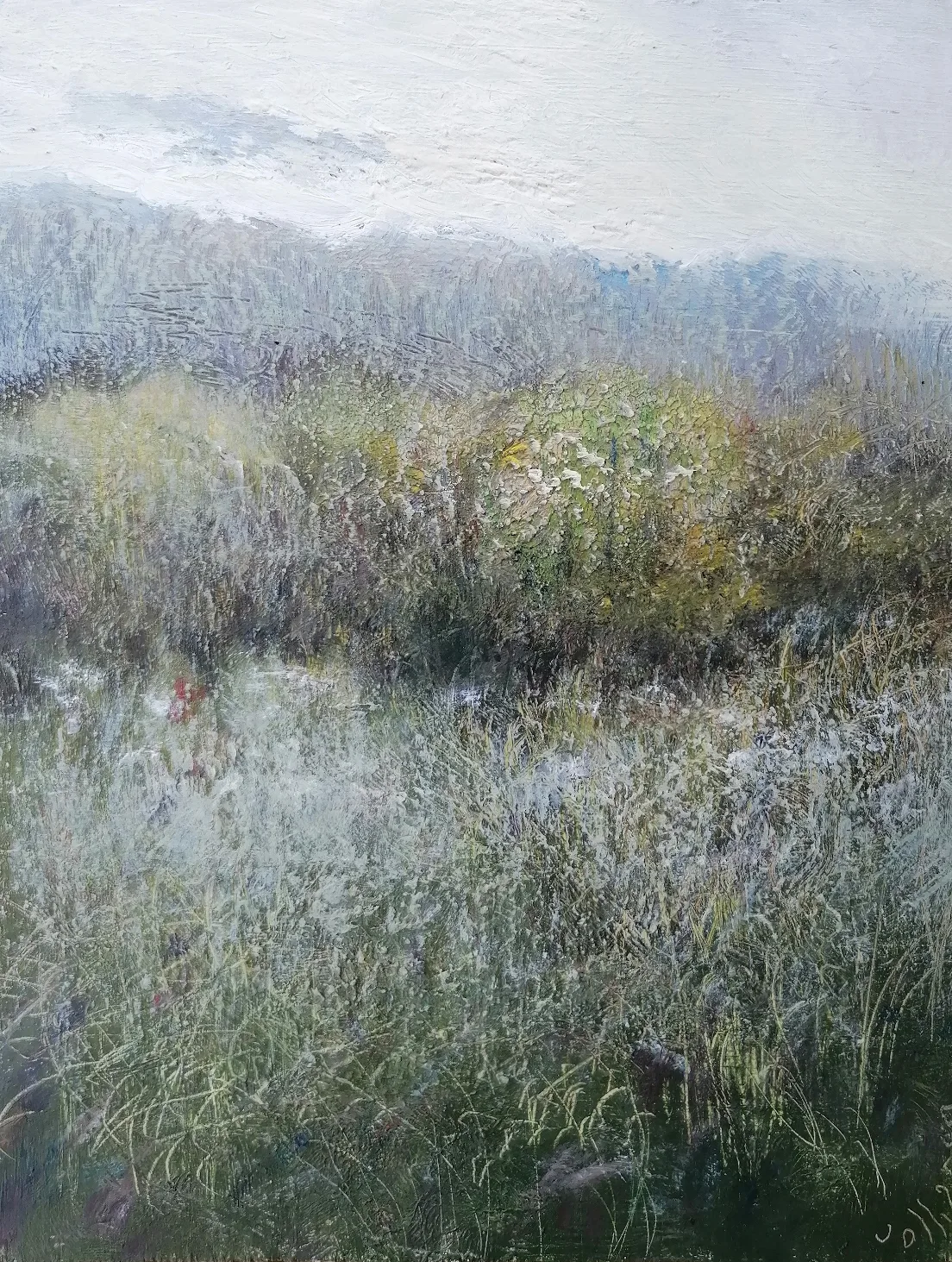 Dominique Collignon — prairie Peinture à l’huile de Dominique Collignon : prairie dans une brume bleutée