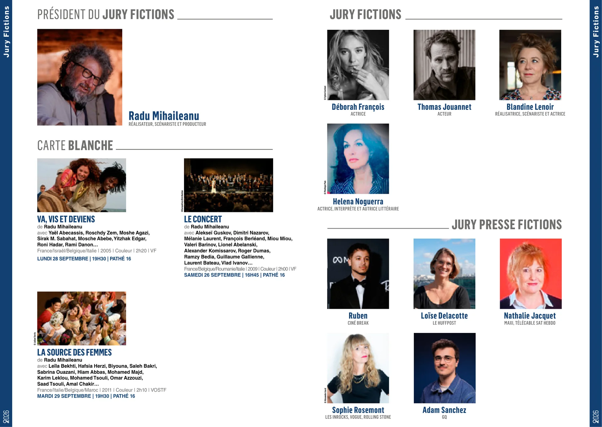 Page du programme présentant les jurys du Festival 2 Cinéma de Valenciennes 2026