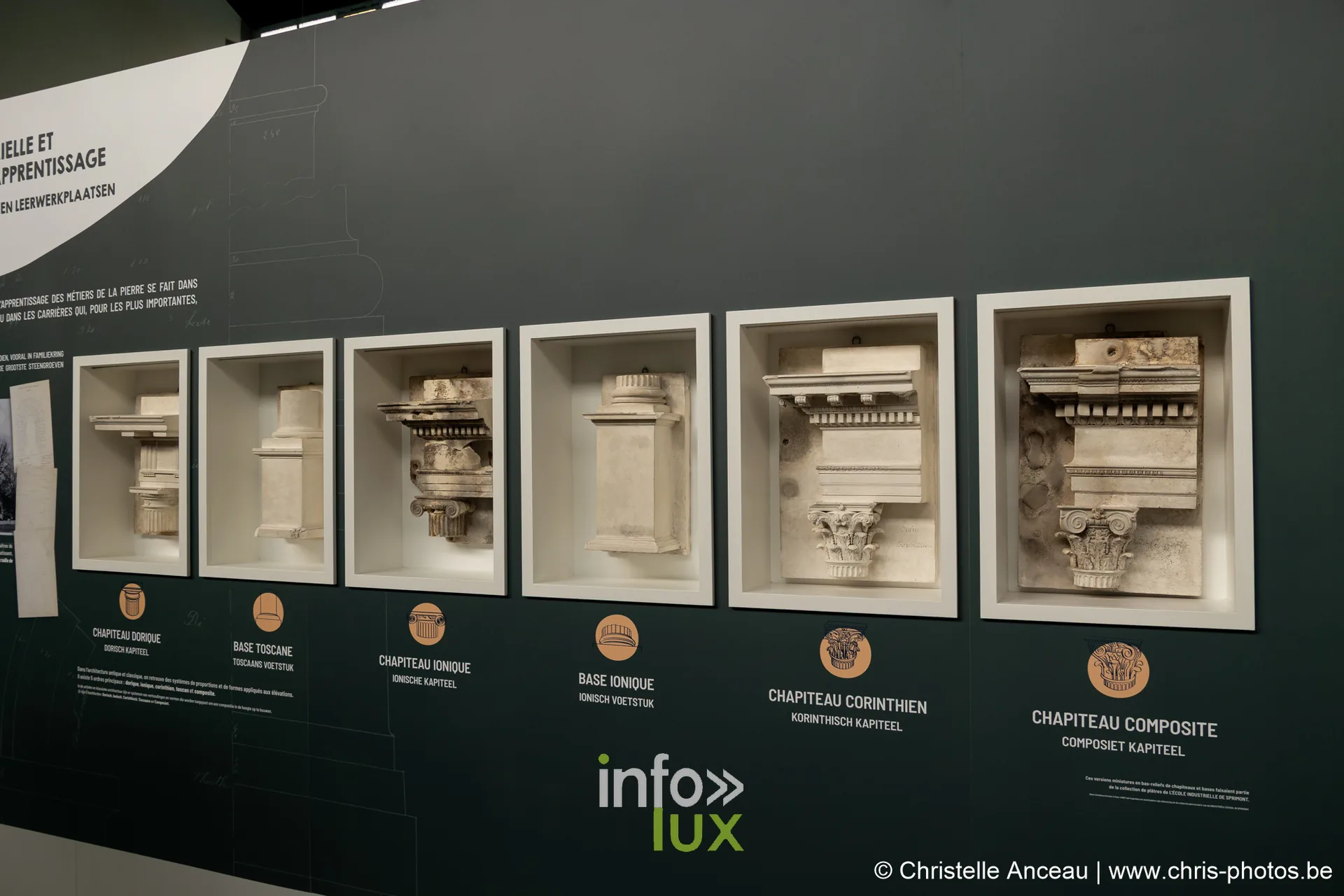 Vitrines du musée présentant les chapiteaux et bases de colonnes en pierre