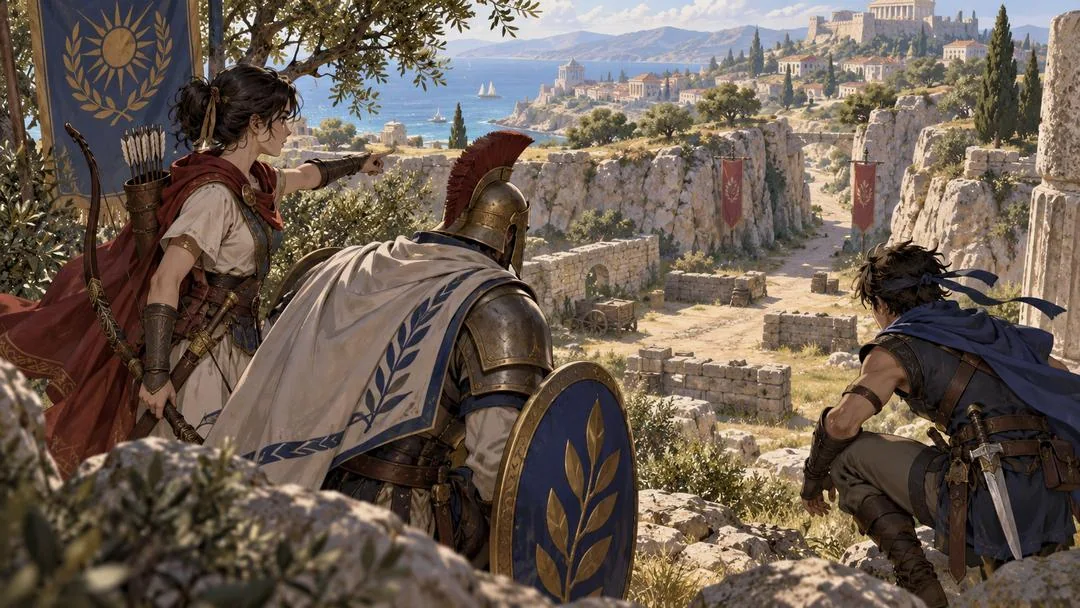 Une archère, un soldat en armure au bouclier et un éclaireur observent une vallée en ruines depuis un promontoire
