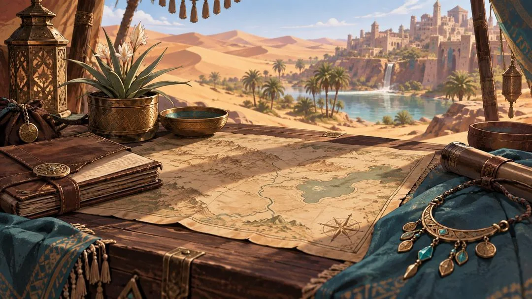 Une carte, un carnet et un collier posés sur une table sous une tente, face à une oasis et une cité du désert