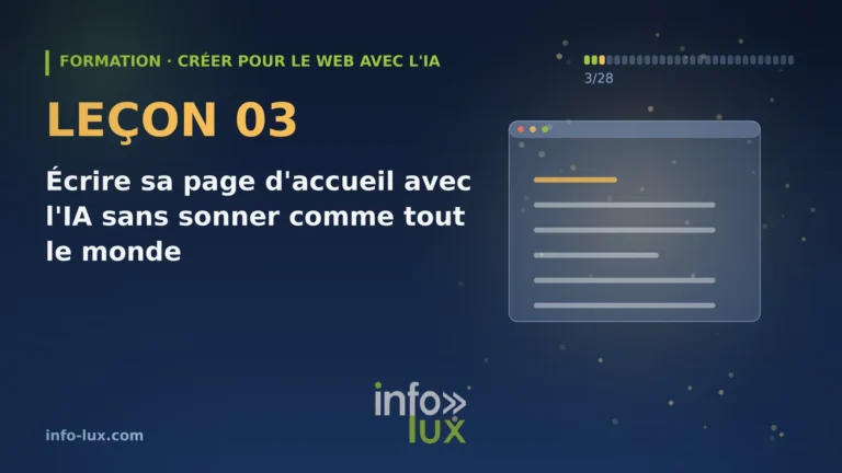 Bannière de la leçon 3 de la formation « créer pour le web avec l'IA » : Écrire sa page d'accueil avec l'IA sans sonner comme tout le monde