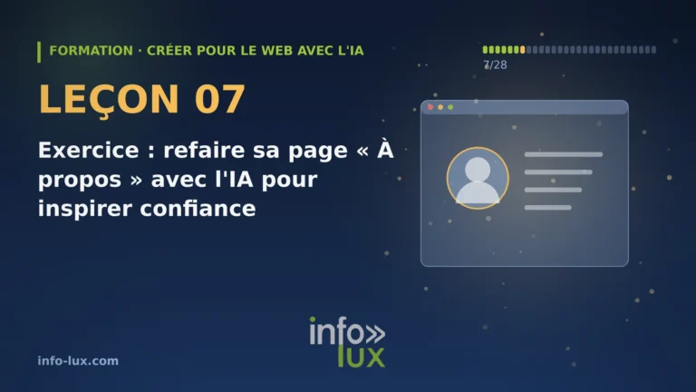 Bannière de la leçon 7 de la formation « créer pour le web avec l'IA » : Exercice : refaire sa page « À propos » avec l'IA pour inspirer confiance