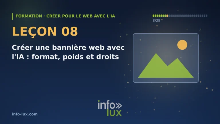 Bannière de la leçon 8 de la formation « créer pour le web avec l'IA » : Créer une bannière web avec l'IA : format, poids et droits