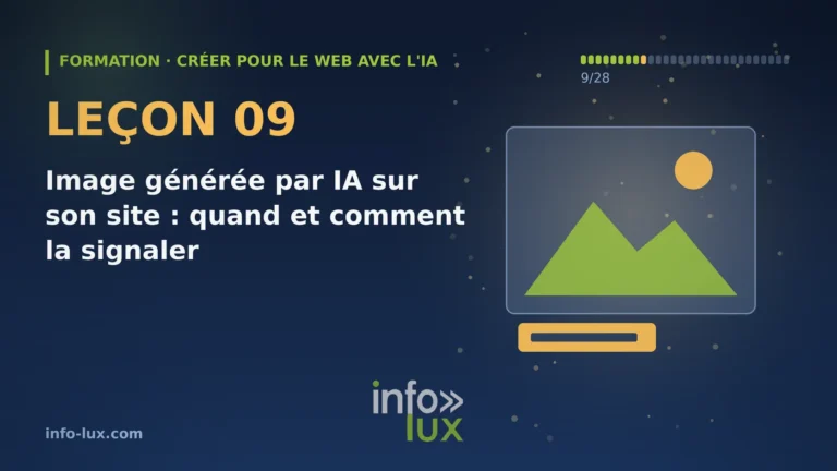 Bannière de la leçon 9 de la formation « créer pour le web avec l'IA » : Image générée par IA sur son site : quand et comment la signaler