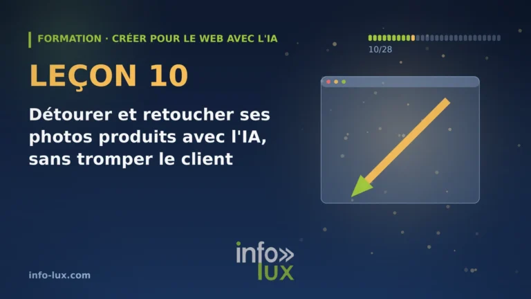 Bannière de la leçon 10 de la formation « créer pour le web avec l'IA » : Détourer et retoucher ses photos produits avec l'IA, sans tromper le client