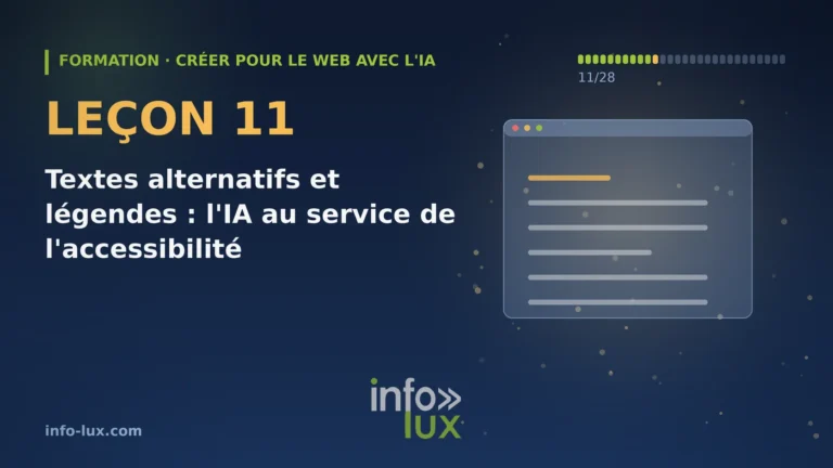 Bannière de la leçon 11 de la formation « créer pour le web avec l'IA » : Textes alternatifs et légendes : l'IA au service de l'accessibilité