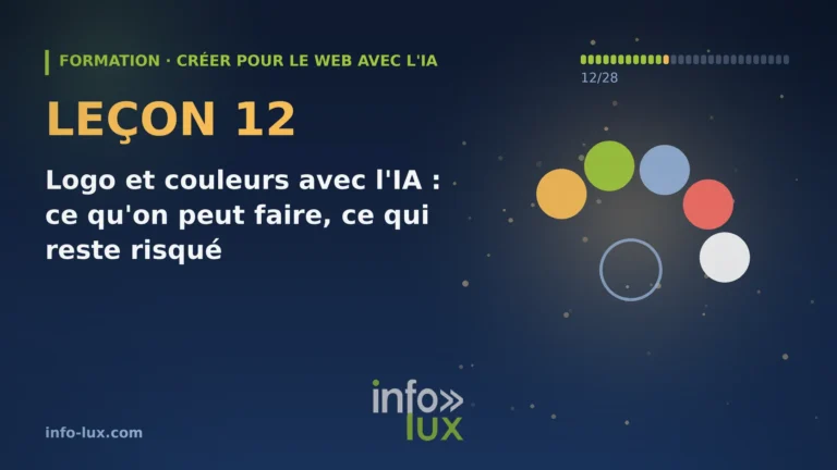 Bannière de la leçon 12 de la formation « créer pour le web avec l'IA » : Logo et couleurs avec l'IA : ce qu'on peut faire, ce qui reste risqué