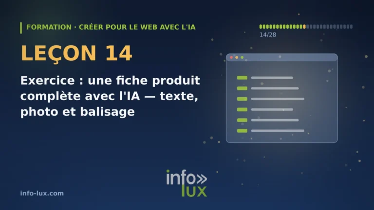 Bannière de la leçon 14 de la formation « créer pour le web avec l'IA » : Exercice : une fiche produit complète avec l'IA — texte, photo et balisage