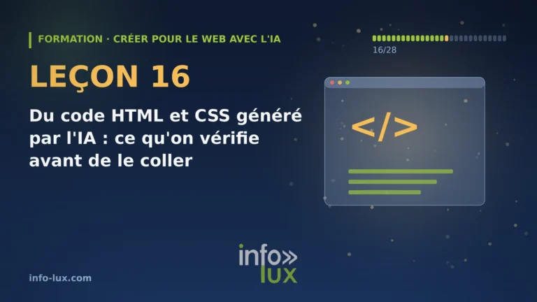 Bannière de la leçon 16 de la formation « créer pour le web avec l'IA » : Du code HTML et CSS généré par l'IA : ce qu'on vérifie avant de le coller