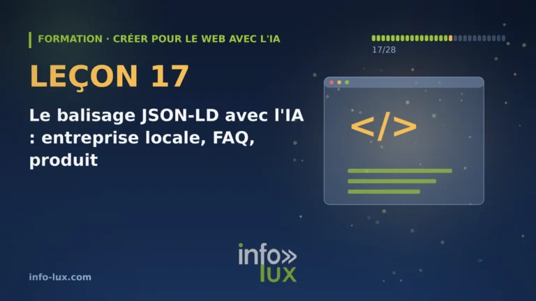Bannière de la leçon 17 de la formation « créer pour le web avec l'IA » : Le balisage JSON-LD avec l'IA : entreprise locale, FAQ, produit