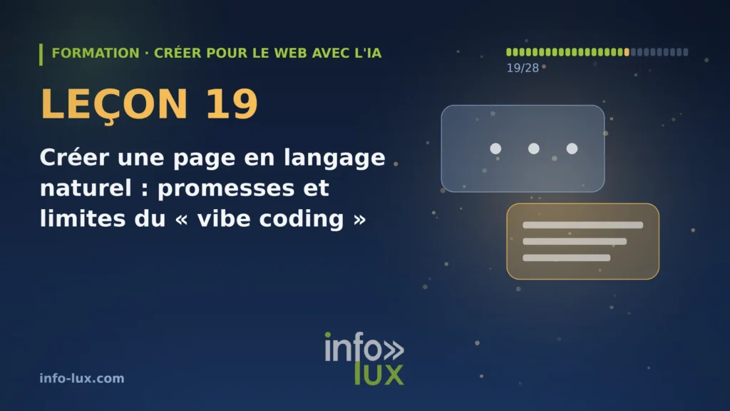 Bannière de la leçon 19 de la formation « créer pour le web avec l'IA » : Créer une page en langage naturel : promesses et limites du « vibe coding »