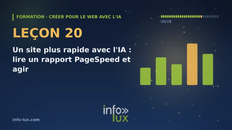Bannière de la leçon 20 de la formation « créer pour le web avec l'IA » : Un site plus rapide avec l'IA : lire un rapport PageSpeed et agir