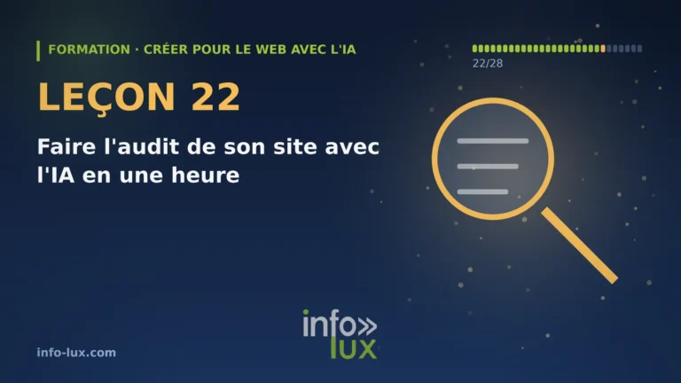 Bannière de la leçon 22 de la formation « créer pour le web avec l'IA » : Faire l'audit de son site avec l'IA en une heure