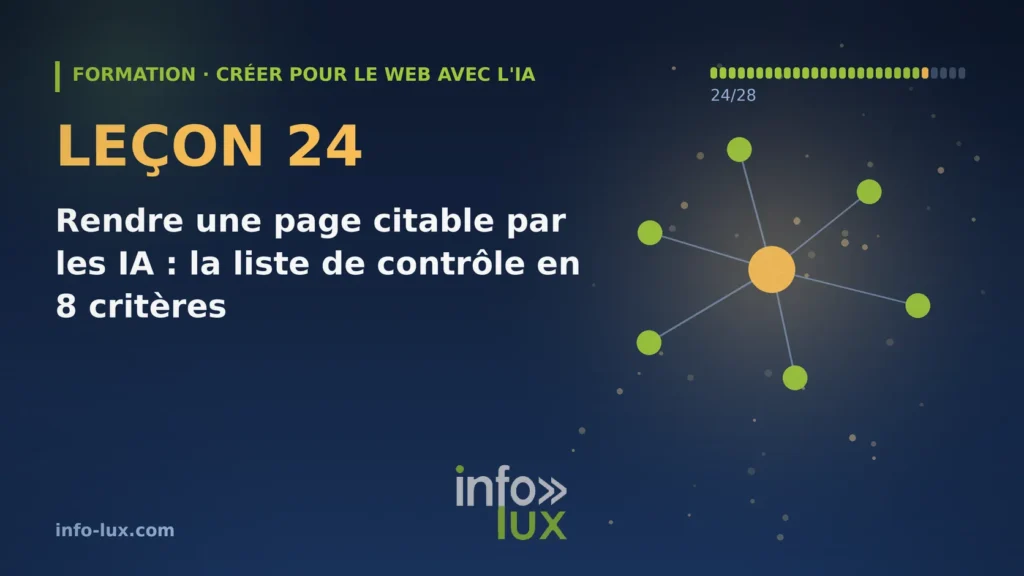 Bannière de la leçon 24 de la formation « créer pour le web avec l'IA » : Rendre une page citable par les IA : la liste de contrôle en 8 critères