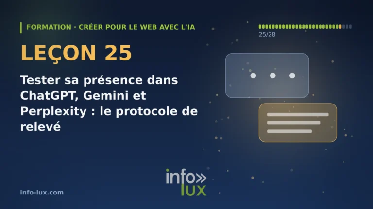 Bannière de la leçon 25 de la formation « créer pour le web avec l'IA » : Tester sa présence dans ChatGPT, Gemini et Perplexity : le protocole de relevé