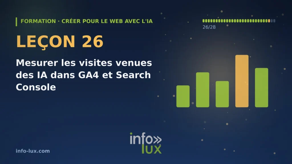 Bannière de la leçon 26 de la formation « créer pour le web avec l'IA » : Mesurer les visites venues des IA dans GA4 et Search Console