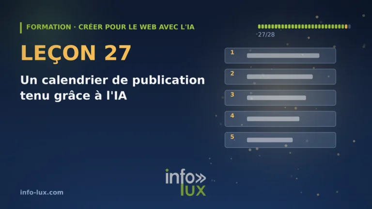 Bannière de la leçon 27 de la formation « créer pour le web avec l'IA » : Un calendrier de publication tenu grâce à l'IA