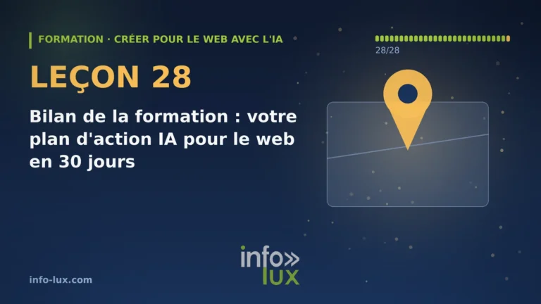 Bannière de la leçon 28 de la formation « créer pour le web avec l'IA » : Bilan de la formation : votre plan d'action IA pour le web en 30 jours