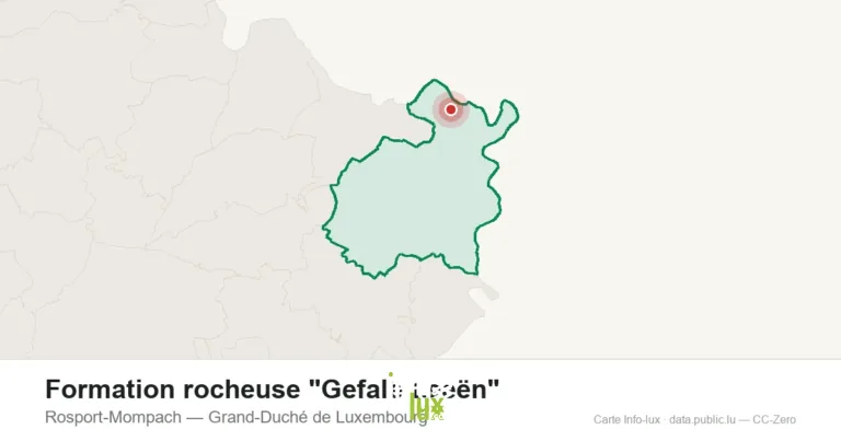 Carte de localisation de Formation rocheuse "Gefale Leeën" à Rosport-Mompach (Grand-Duché de Luxembourg)