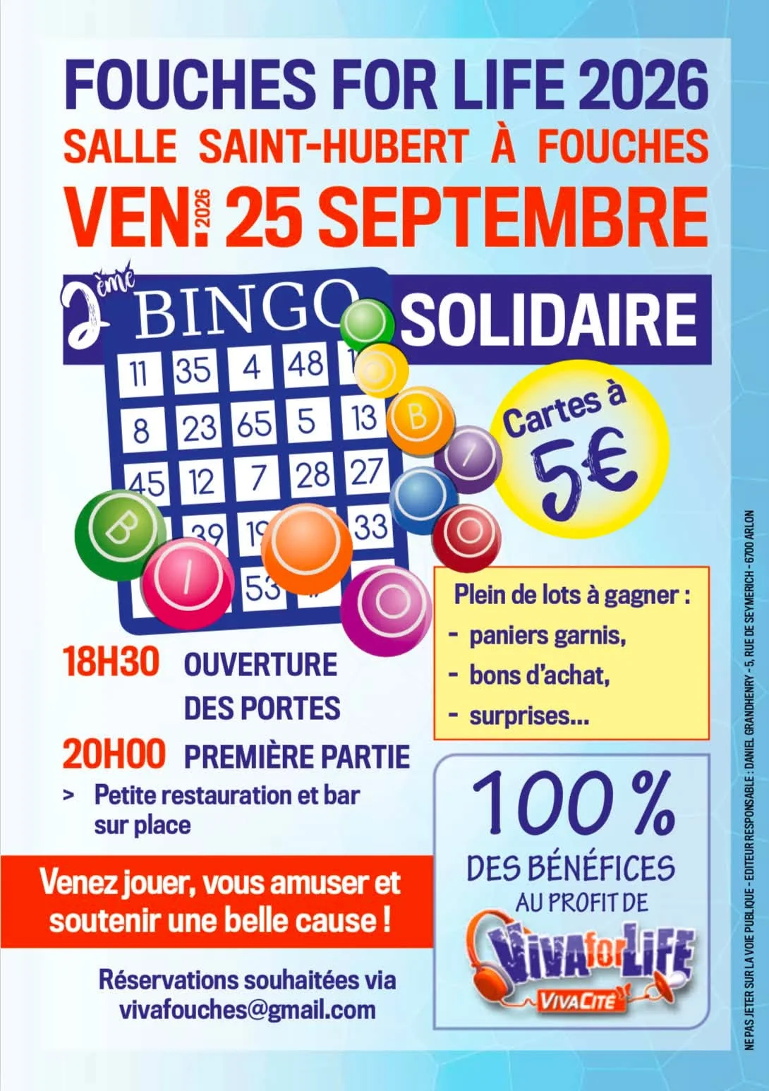 Affiche du bingo solidaire de Fouches For Life le 25 septembre 2026